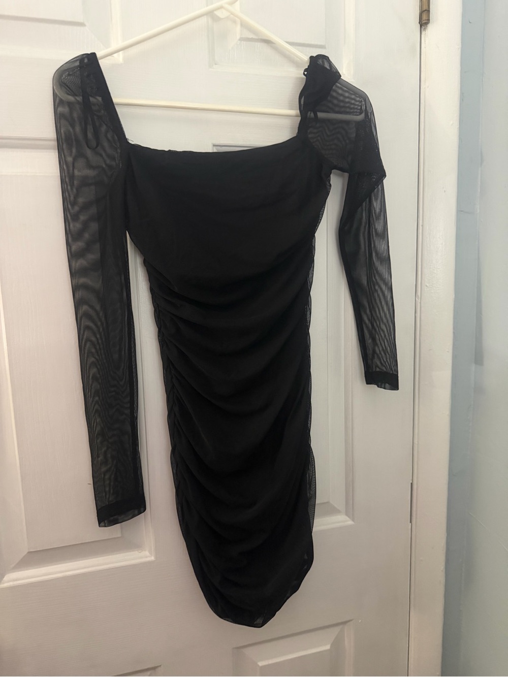 Princess Polly Black Ruched Mesh Long Sleeve Bodycon Mini Dress XXS